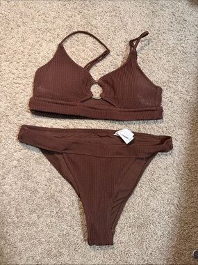Textured Brown Two-Piece Bikini Set Small Top Medium Bottoms AERIE